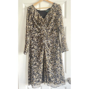 Lauren Ralph Lauren Womens Size 6 Dress Floral Ruffled Georgette Black Gold